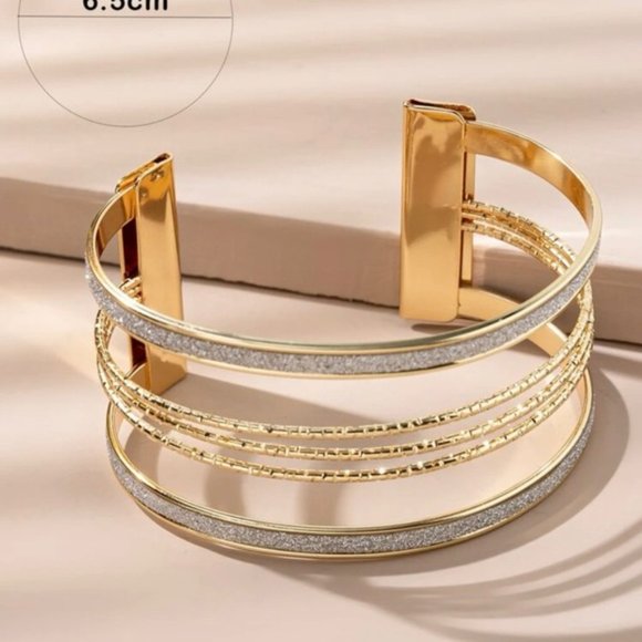 Glitter Detail Cuff Bangle Gold Bracelet For Women Wedding Party Gift - Picture 3 of 3